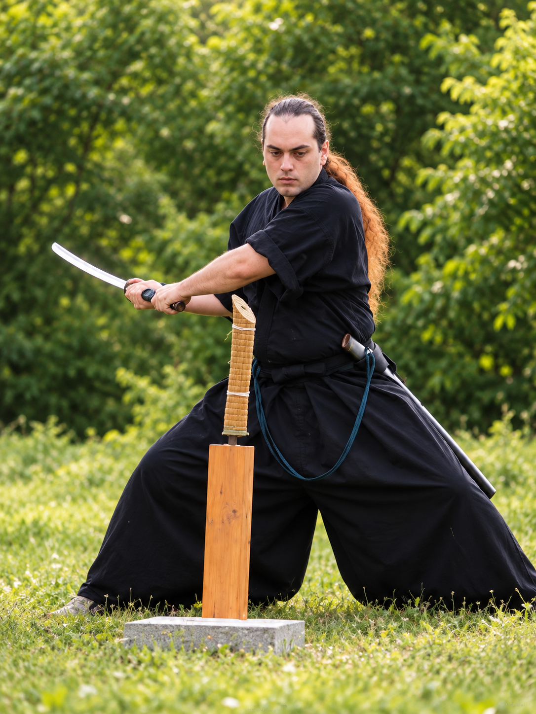 Portrait in a martial stance holding a sword.